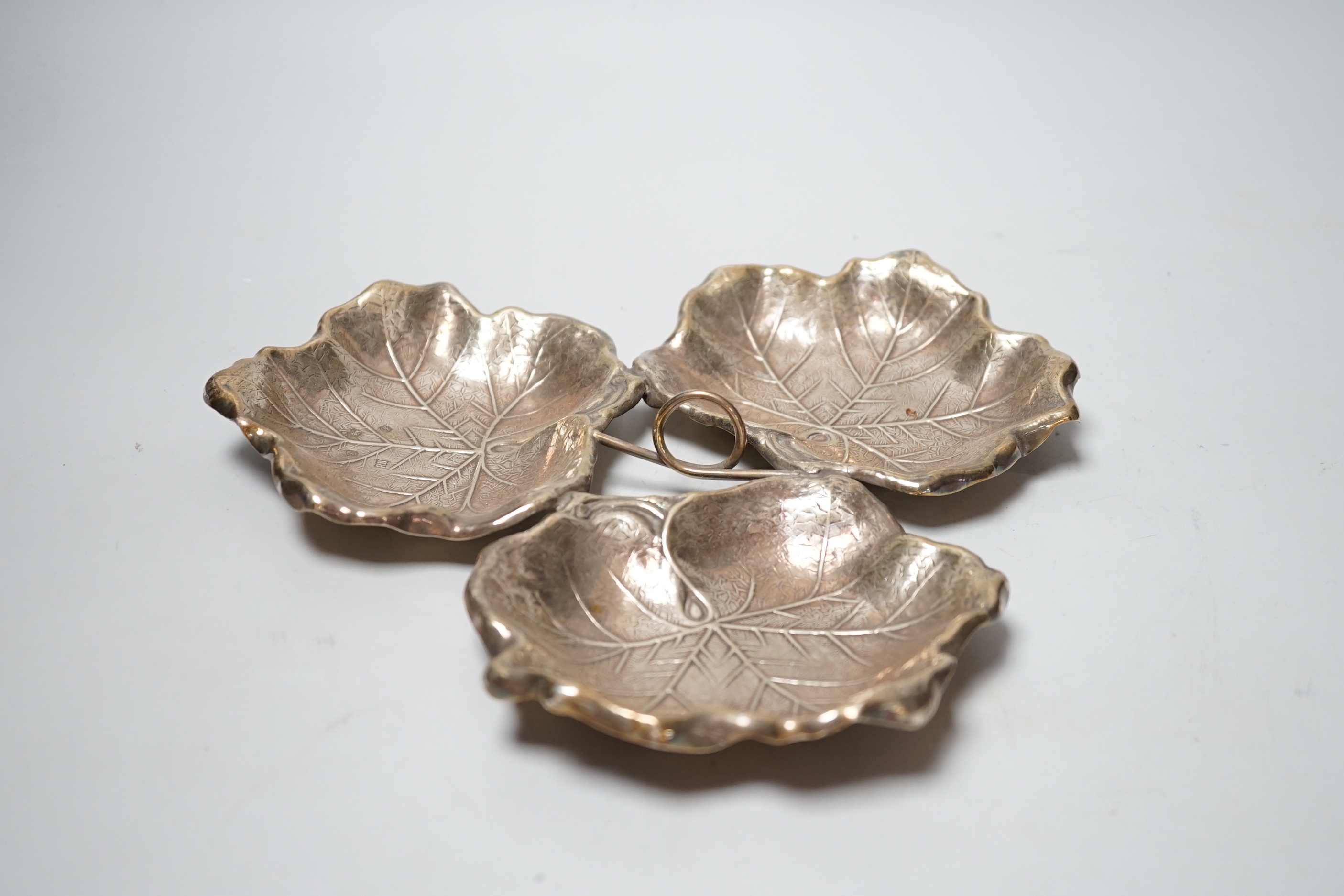 An Elizabeth II silver three section leaf dish, Royal Irish silver Co, Sheffield, 1973, 22cm, 9.4oz.